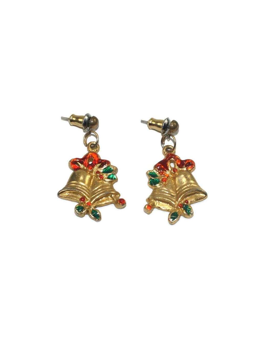 Vintage Gold Tone Christmas Bell Dangle Earrings with Red and Green Accents.